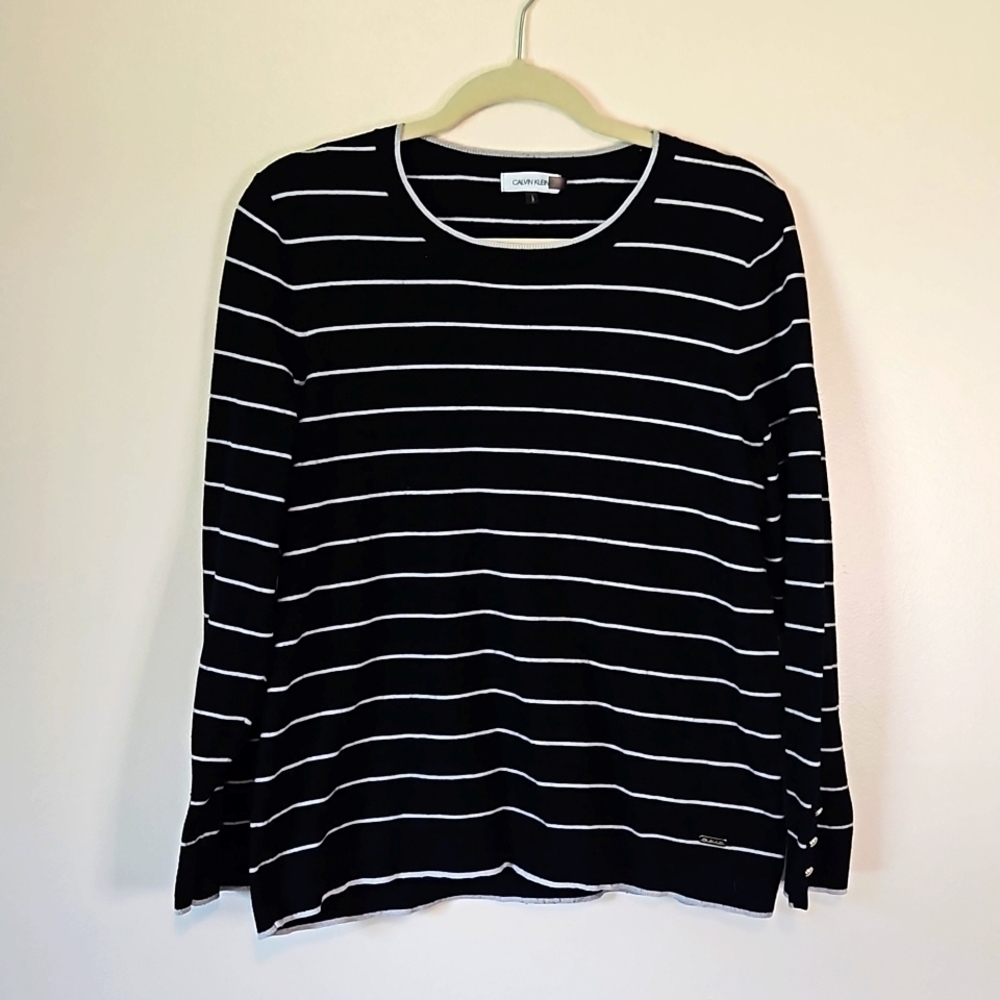 Calvin Klein Black White Striped Long Sleeve Sweater Large